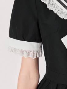 EDITION 女式条纹海军蓝领迷你连衣裙，深色学院风荷叶边下摆，少女感十足 - 黑色 - 查看 8