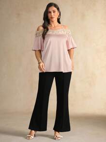 Flouryn Plus Size Elegant Blush Pink Summer Cold Shoulder Top,Lace Trim Patchwork Loose Fit Short Sleeve Tops For Women,Formal Tea Party Commuter - Pink - View 4