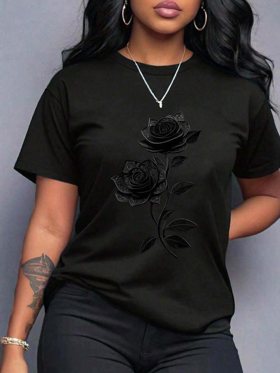 SHEIN CURVE+ 大码圆领玫瑰图案短袖T恤,百搭实用 - 黑色 - 查看 1