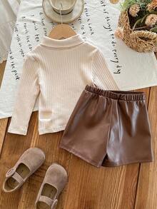 LMoss Kids Bộ 2 áo thun cổ polo dệt kim màu trơn và quần short thường ngày cho bé gái - Nhiều màu - Xem 2
