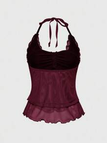 ROMWE Goth Y2K Punk Sweet Heart Cross Contrast Lace Asymmetrical Hem Camisole - Burgundy - View 2