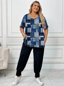 SHEIN CURVE+ Casual Minimalist Allover Print Plus Size T-Shirt Suitable For Going Out