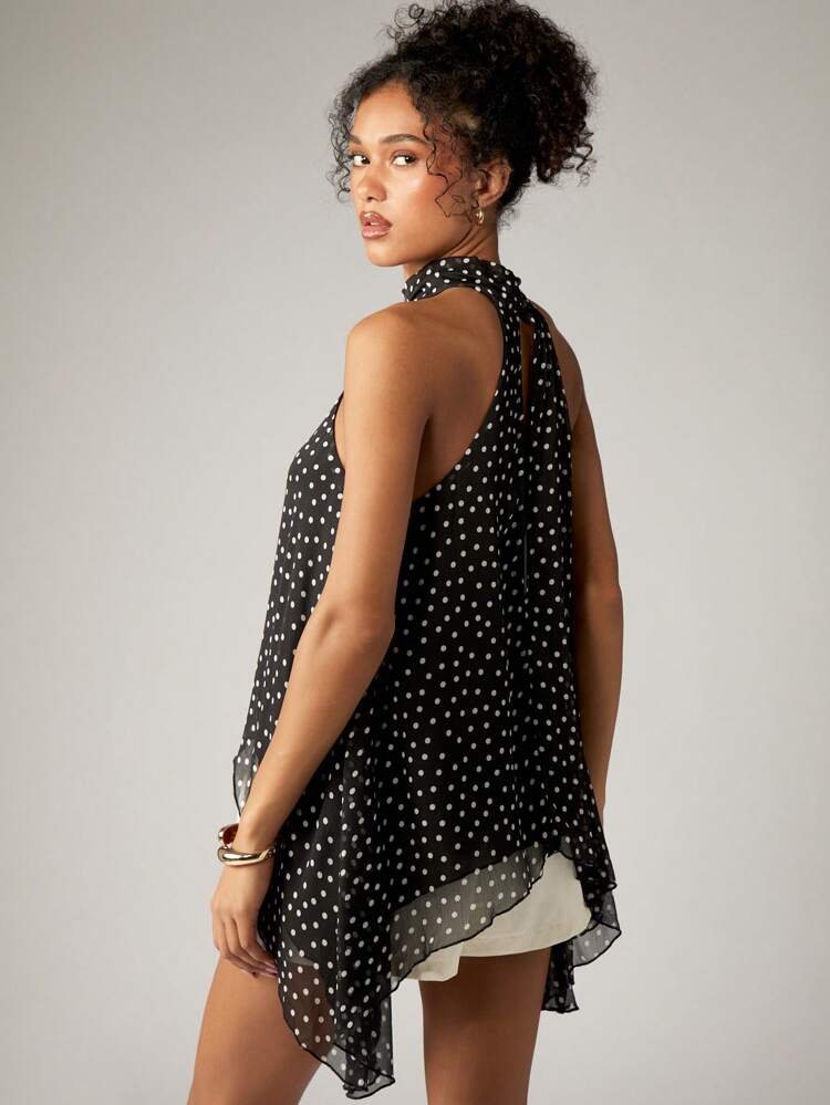 Polka Dot Halter Neck Top With High Low Hem