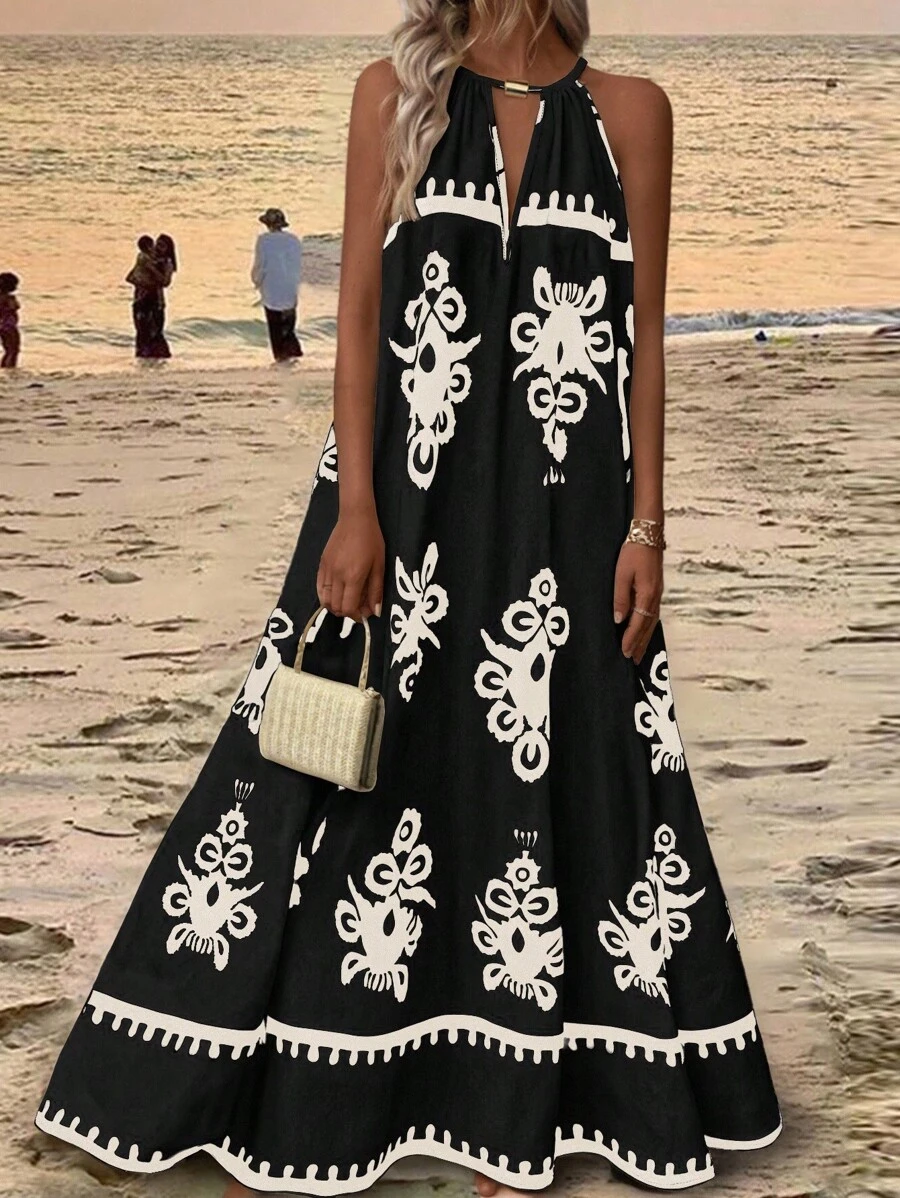 Breezaya 波西米亚风格女式无袖连衣裙,复古印花露背领,飘逸大摆裙,海滩度假裙 - 彩色 - 查看 1