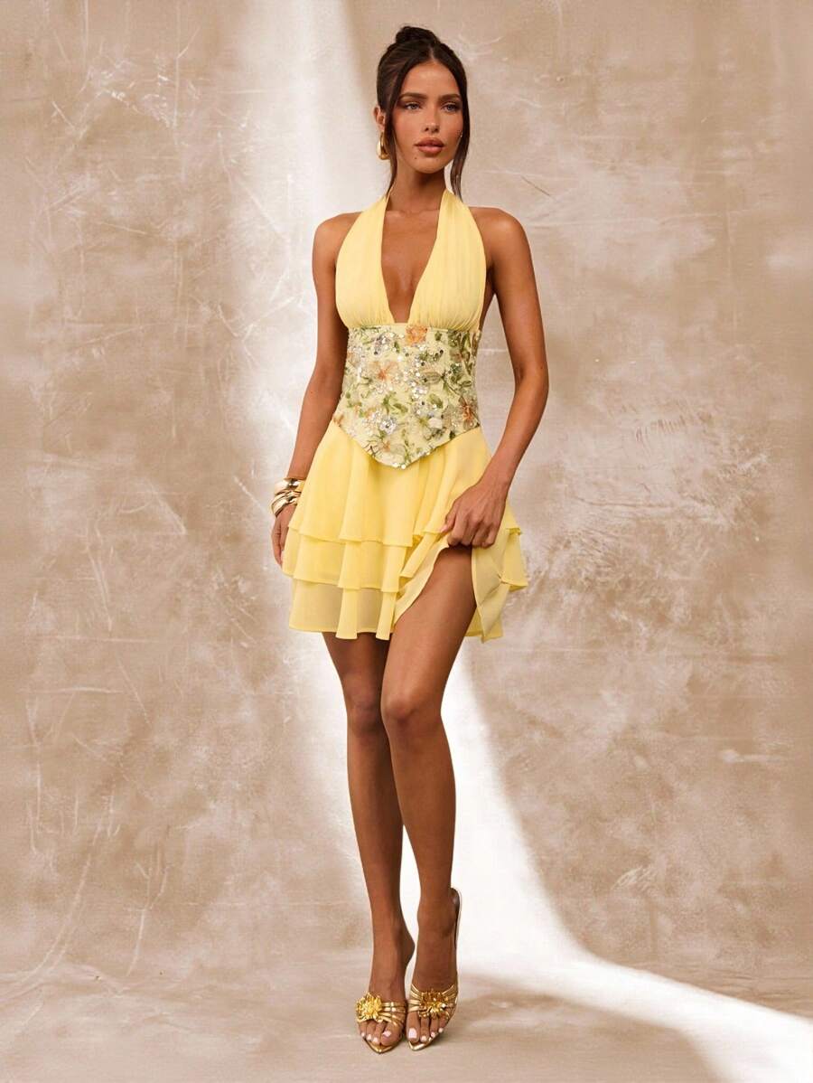 SHEIN BAE Váy ngắn hở lưng cổ chữ V sâu đính cườm và sequin thanh lịch màu vàng trơn, thích hợp cho bữa trưa, kỳ nghỉ, hẹn hò, mùa xuân và mùa hè