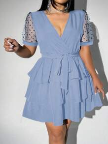 Viva Relle Plus Size Women's Summer Sexy Vacation Elegant Elegant Deep V-Neck Polka Dot Splice Mesh Sheer Puff Sleeve Multi-Layer Ruffle Hem Belted Maxi Dress