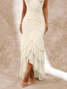 SHEIN BAE Spring/Summer Solid Color Apricot & White Deep V-Neck Ruched Flounced Hem Elegant Dress, Stylish For Brunch, Cocktail, Formal Occasions,Fall Wedding Guest Dress - Apricot - View 7