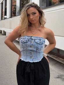 Jeta Ari 毛邊前紐扣抹胸牛仔上衣 - 淺色水洗藍 - 查看 1