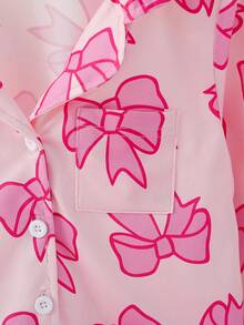 2pcs Young Girls Pajama Set, Pink Hand-Painted Butterfly Print, Retardant Fabric, Elegant Long Sleeve Top And Pants, Sleepwear Bow Pajama Set Pink Pajama Set Fall Winter - Pink - View 4