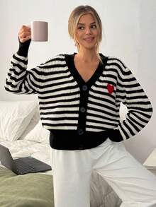 EURMUSE Women Button Front Black And White Striped Heart Embroidery Detailed Cozy Loose Fit Drop Shoulder Cardigan,Long Cardigans Woman,Petite Cardigans,Cardigans - Black and White - View 4