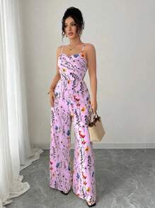 SHEIN PETITE Bộ đồ liền thân ống rộng không tay họa tiết hoa thanh lịch dành cho nữ, Xuân/Hè - Màu tím - Xem 3