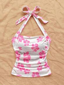 Soleia 优雅针织弹力印花露背系带蝴蝶结短款女式上衣，适合度假 - 粉色 - 查看 5