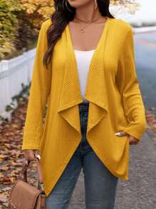 SHEIN LUNE Áo khoác len cardigan dài thiết kế cổ bất đối xứng thời trang mùa đông cỡ lớn cho đi chơi và đi làm, quần áo mùa thu cho phụ nữ mùa thu - Màu vàng - Xem 6