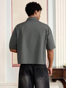 SWAVVY 男士字母刺绣工装口袋短袖休闲衬衫 - 灰色 - 查看 5
