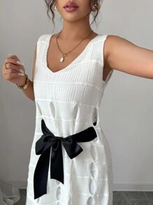 Elenzga 无袖圆领收腰撞色蝴蝶结优雅浪漫精致女式连衣裙 - 白色 - 查看 5