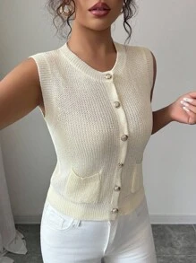 Elenzga Sleeveless Round Neck Elegant Romantic Delicate Women Sweater Vest - Cream - View 1