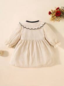 SHEIN Newborn Baby Girl Soft Cotton Embroidered Collar Long Sleeve Dress, Sweet & Fashionable Classy Girl Dress Fall Winter - Apricot - View 2