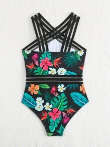 青少年女孩热带植物印花拼布丝带连体比基尼泳装，母子装（2 件单独出售） - 彩色 - 查看 2
