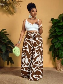 Slaydiva Plus Size Fashion Casual All-Over Print Drawstring Waist Loose Pants,Fall Clothes For Women - Brown - View 4
