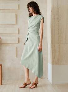 EMERY ROSE Vestido gris azul de longitud media sin mangas con diseño de pliegues retorcidos asimétricos en la cintura y bajo asimétrico, para uso diario, trabajo, regreso a clases, atuendos de maestras y vestimenta casual de negocios para mujer en verano - Azul - Ver 7