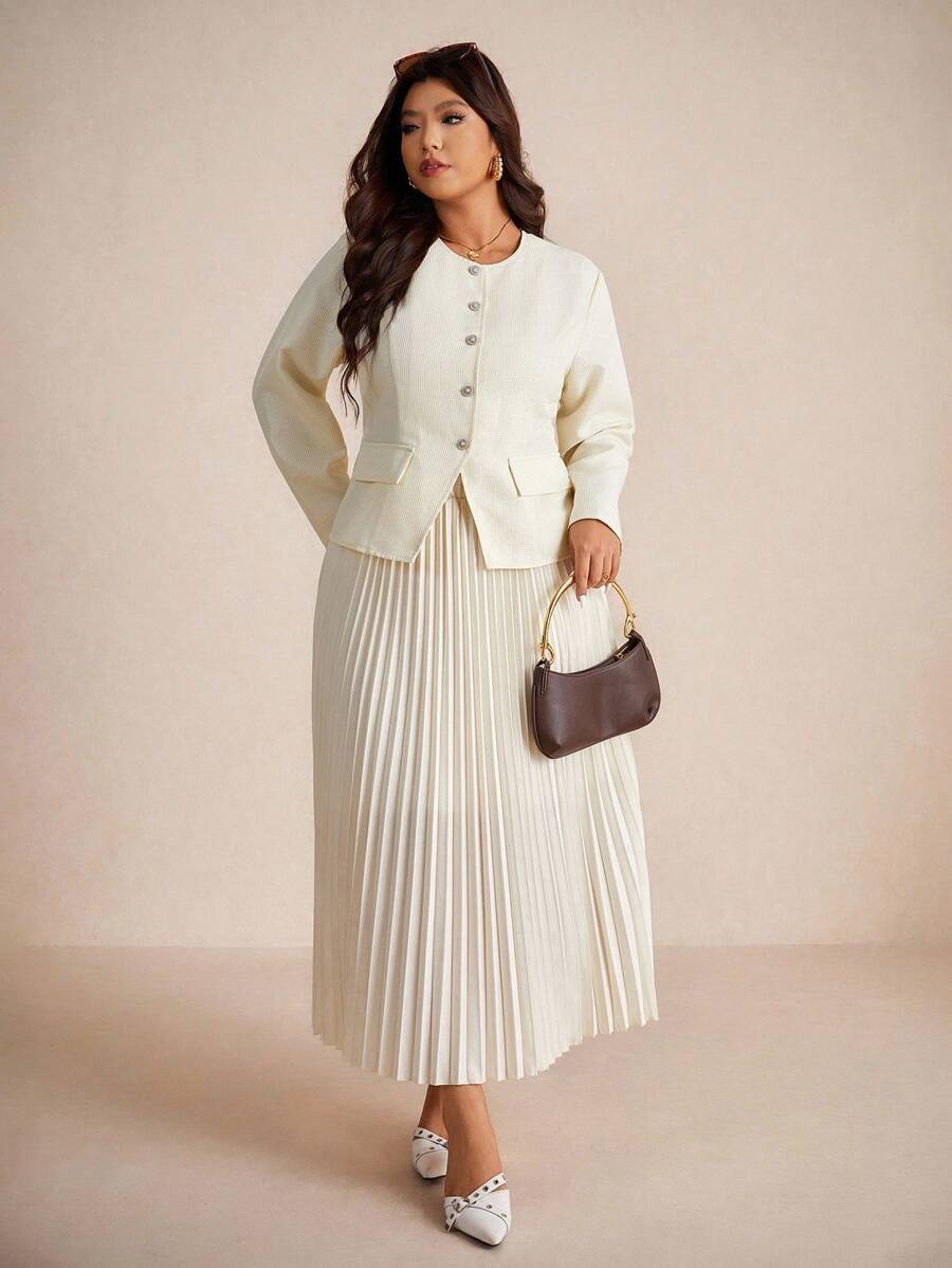 Elaquor Plus Size Women's Elegant Minimalist Versatile Urban Chic Office Commute Suit Set In Fall/Winter - Beige - View 1