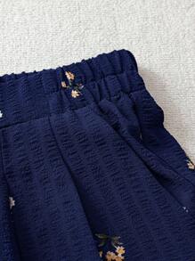 SHEIN Essnce 大码女装春夏时尚休闲宽松舒适清凉日常基础百搭黑色小碎花纹理面料松紧腰阔腿裤女式下装宽松裤欧洲夏季度假机场 - 藏蓝色 - 查看 3