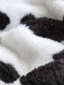 新生男婴/女婴两件套服装，温暖柔软的毛绒面料，可爱的奶牛印花，撞色，拉链连帽衫和宽松裤子，百搭百搭，适合户外玩雪和室内穿着 - 黑與白 - 查看 5