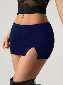 SHEIN ICON Y2K 性感宝贝超低腰开衩迷你裙 - 藏蓝色 - 查看 5