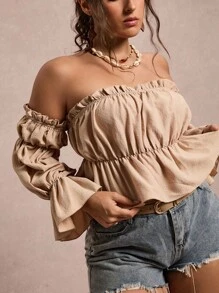 SHEIN VCAY Plus Size Off Shoulder Bell Sleeve Casual Blouse Crop Top, Y2k Cute Going Out Tops Women Fall Airport Basic Tops Khaki Back To School Teacher School Country Concert Western Boho Grunge Vintage Old Money Winter Fairycore Fall Plus Size Baggy Autumn - Khaki - View 4