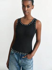 Maija Débardeur casual ajusté en tissu côtelé avec élément de rivet noir, élégant et polyvalent, vêtement d'extérieur pour femmes en automne/hiver