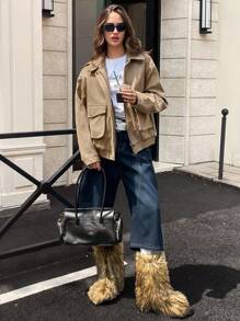 Aveloria Affinna 女式休闲绒面翻领拉链夹克，大口袋，百搭秋冬，高端款式，浅灰色和咖啡色 - 卡其色 - 查看 4