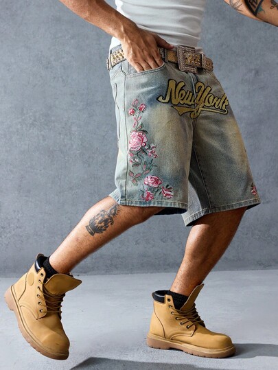 Street Life Men's Embroidered Floral Denim Shorts, Suitable For Spring/Summer Everyday Wear