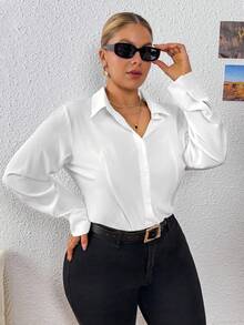 SHEIN PETITE CURVE 女士大码休闲商务纯色长袖连体衣，百搭，适合秋季、冬季穿着。白色衬衫，女士白色衬衫，大码白色衬衫，白色纽扣衬衫，女士连衣裙衬衫，春季女装，情人节女装，派对、婚礼及活动，女士休闲装，女士正装，日常穿着，通勤，上学，毕业典礼，白色衬衫领长袖女士连体衣 - 白色 - 查看 3