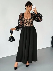 Firerie Plus Size Black Autumn Elegant Women's Mesh & Flocked Colorblock Fishbone Bust Flared Hem Stretchy Long Sleeve Maxi Dress For Spring/Autumn - Black - View 3