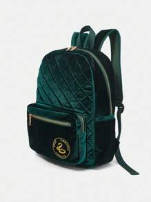 HARRY POTTER X SHEIN Mochila de moda de terciopelo verde oscuro acolchada con bordado de serpiente y letra para volver a la escuela - Verde - Ver 3