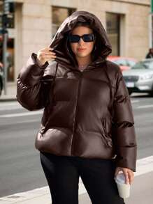 EURMUSE Plus Solid Zip Up Hooded Padded Coat - Coffee Brown - View 3