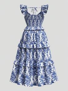 SHEIN MOD 大码复古花卉分层 V 领长裙，蓝白相间，女式夏/秋连衣裙，田园复古，生日连衣裙，初秋连衣裙 - 彩色 - 查看 2