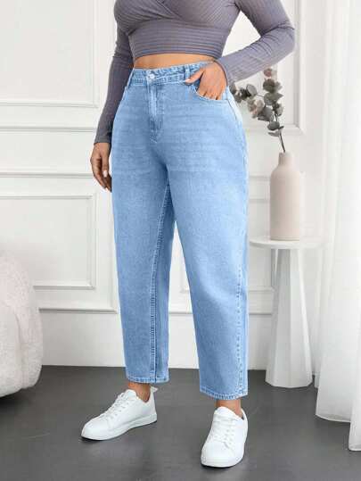 EURMUSE 100%Cotton Plus Size Water Washed Mom Style Jeans