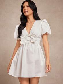 WESTFADE 100% 纯棉府绸 V 领蝴蝶结前短款泡泡袖修身喇叭迷你连衣裙 返校季乡村西部秋季服装复古 - 白色 - 查看 6