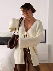 EURMUSE Women Soft Touch Tie Front Loose Cozy Cardigan Tie Front Sweater Womens Knit Top V-Neck Sweater Knitted Pullover Sweater For Women,Cardigans,Long Cardigans Woman,Petite,Tall - White - View 5