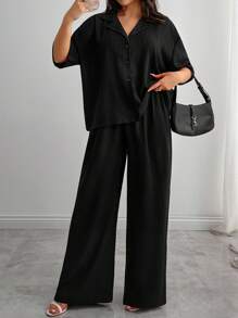 EURMUSE Solid Drop Shoulder Button Front Shirt & Wide Leg Pants Set – Effortless Chic Co-Ords - Black - View 3