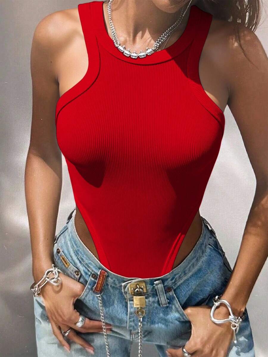 INAWLY Fitted Sexy Sleeveless Bodysuit For Women - Red - View 1