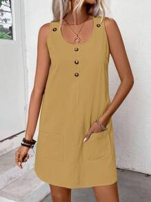 SHEIN LUNE Women's Casual Daily Vacation Minimalist Solid Color Scoop Neck Patchwork Pocket Sleeveless Loose Dress, Summer - Yellow - View 6