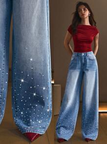 Selenza Women's Distressed Diamond Rivet Decor Wide-Leg Jeans