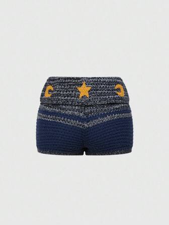 Hippie Pantalones cortos de punto de talle bajo con bordado de sol y luna estilo hippie bohemio para mujer