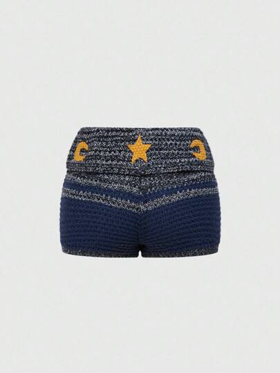 Hippie Women's Hippie Bohemian Sun & Moon Embroidered Low Waist Knit Shorts
