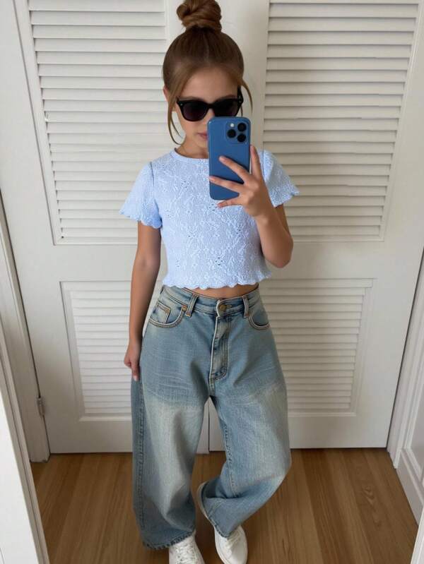 SHEIN Young Girl Casual Minimalist Comfortable Round Neck Cap Sleeve Versatile T-Shirt  Suitable For Daily Leisure, Going To School, Returning To School, And School Attire.  Photo Shoots, Daily Wear, School  Back To School