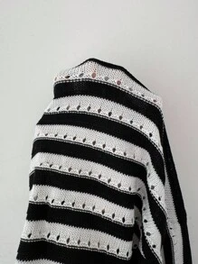 Selianne Sleeveless Round Neck Floral Hem Contrast Color Elegant Romantic Delicate Women Sweater Vest - Black and White - View 6