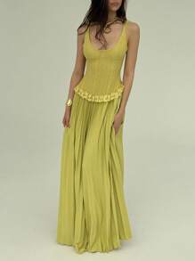 Aloruh Váy xếp ly cổ thấp gợi cảm, viền ren tương phản Jacquard cổ điển mới, màu vàng, ôm sát đường cong, phù hợp cho kỳ nghỉ, hẹn hò và giờ nghỉ trà - Màu Mù tạt vàng - Xem 3