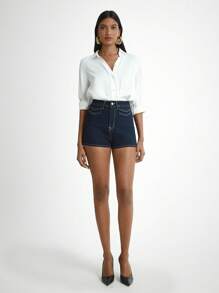 Daynim 女式休闲前扣牛仔短裤 - 深色水洗藍 - 查看 3